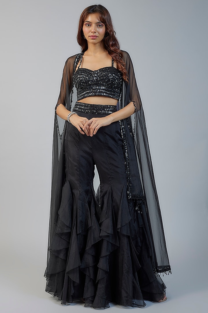 Black Organza & Raw Silk Sequins Embroidered Cape Set by Kresha Lulla at Pernia's Pop Up Shop